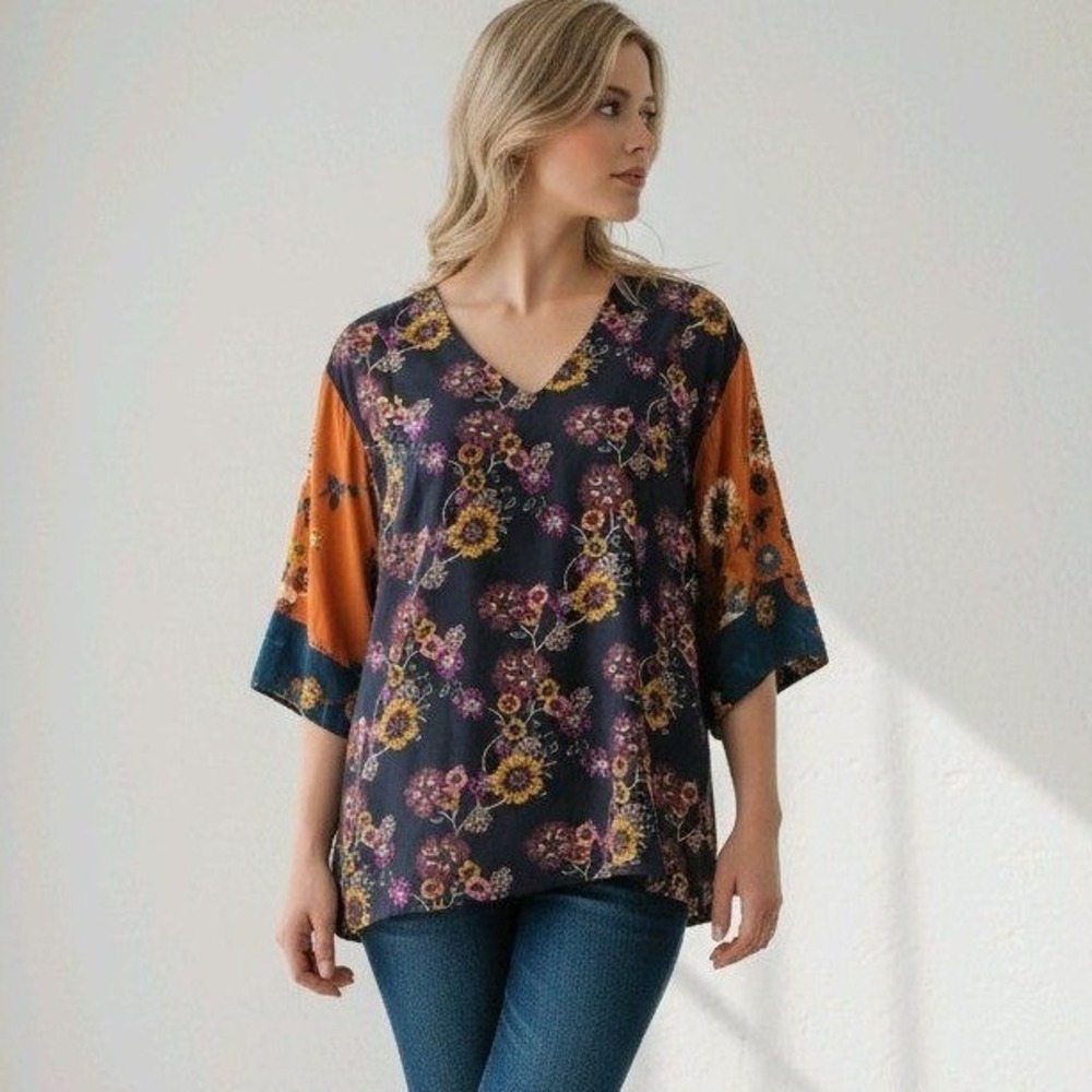 JOHNNY WAS WORKSHOP Floral Print V Neck Tunic‎ Top Orange Teal Size S